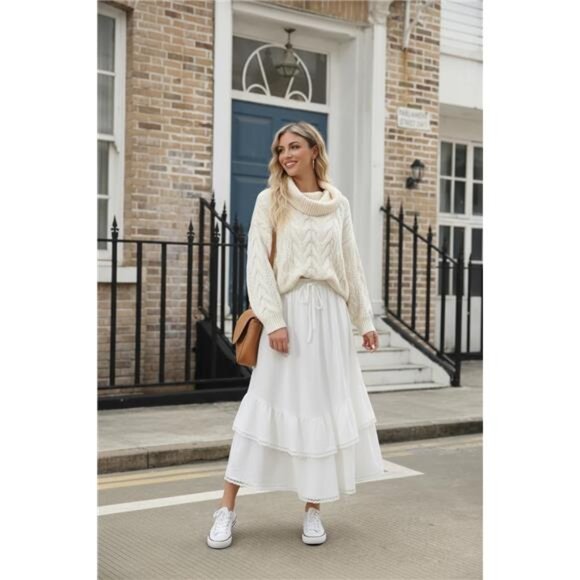 Maxi Skirts High Waist Drawstring with Pockets White - Picture 2 of 6